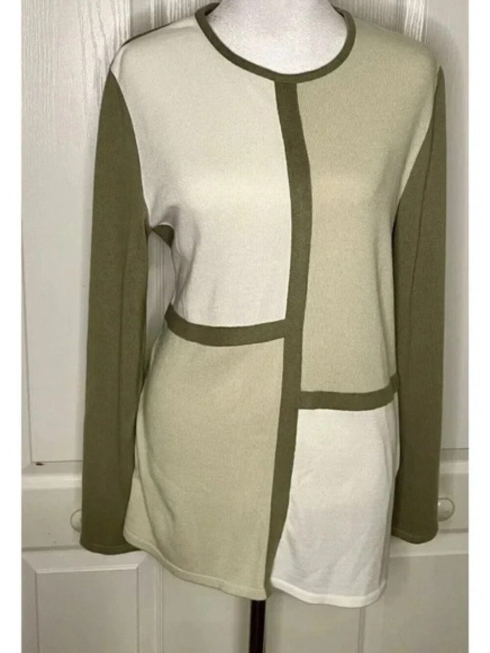 Leslie Fay Dress Sweater Shirt Top Blouse Women’s Size M‎ Brown White Square